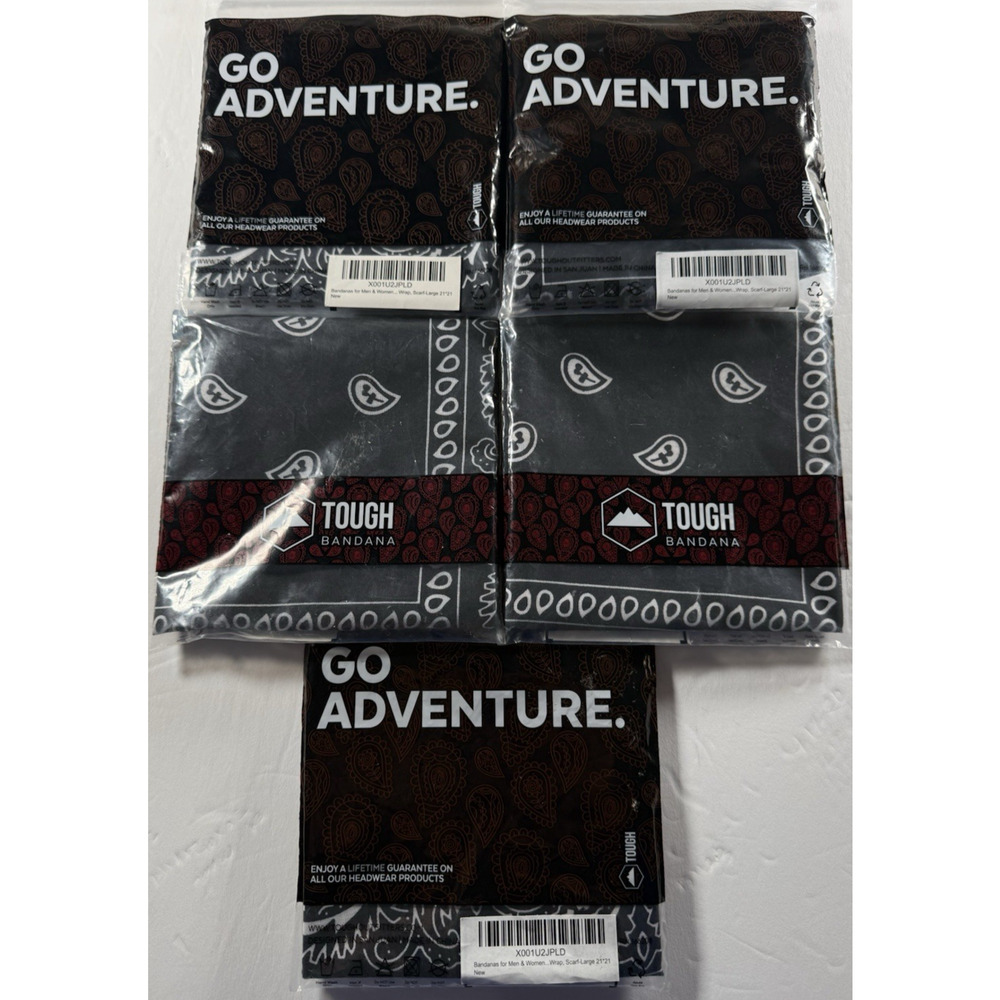 Tough Headwear Large Bandana Headband for Men Women-5 Pack/Black